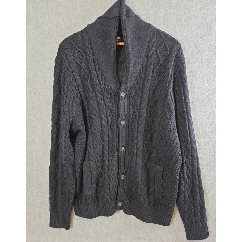 Lands End Mens XL Wool Cardigan Sweater Shawl Collar Chunky Cable Knit Charcoal